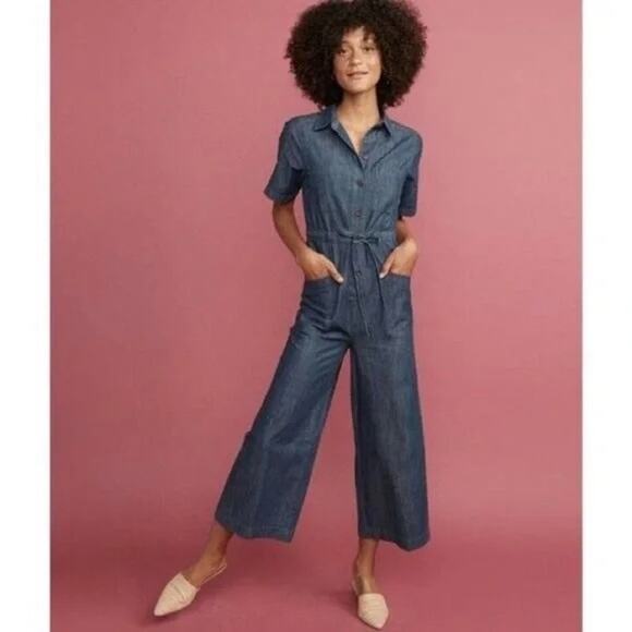 Marine Layer Pants - Marine Layer XS Joni Jumpsuit Dark Denim One Piece Outfit Wide Leg Short Sleeve